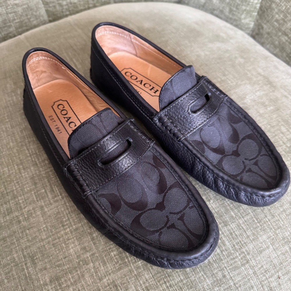 Coach Neal Mens 7M Black Signature Canvas Leather Driving Loafers with COA